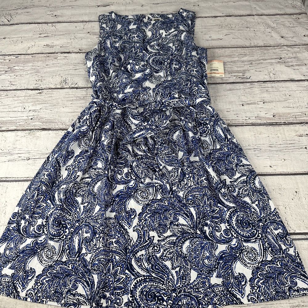 New Anne Klein Size 2 Multicolor Blue White Linen Blend Women's Belt Dress NWT‎